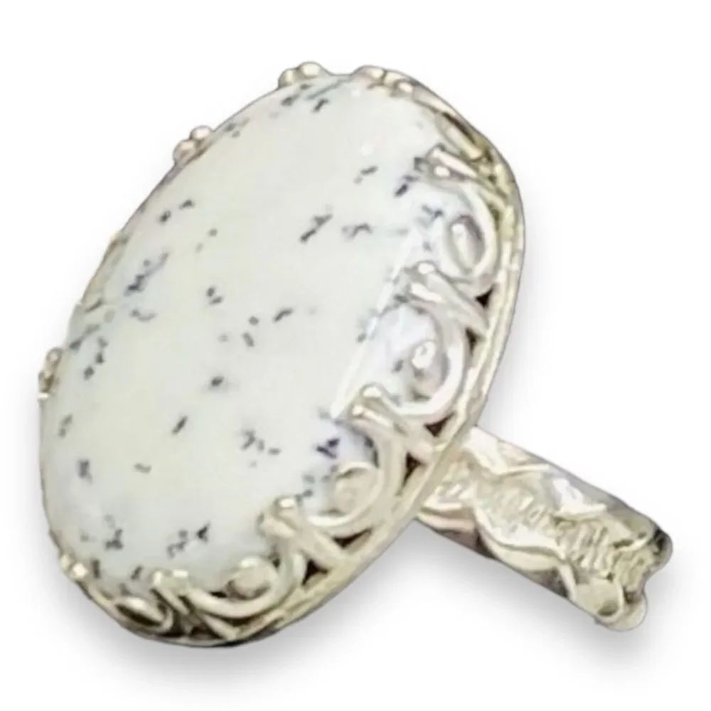 Natural Dendrite Opal White SpeckledāSterling Silver Statement Ring Handmade NEW